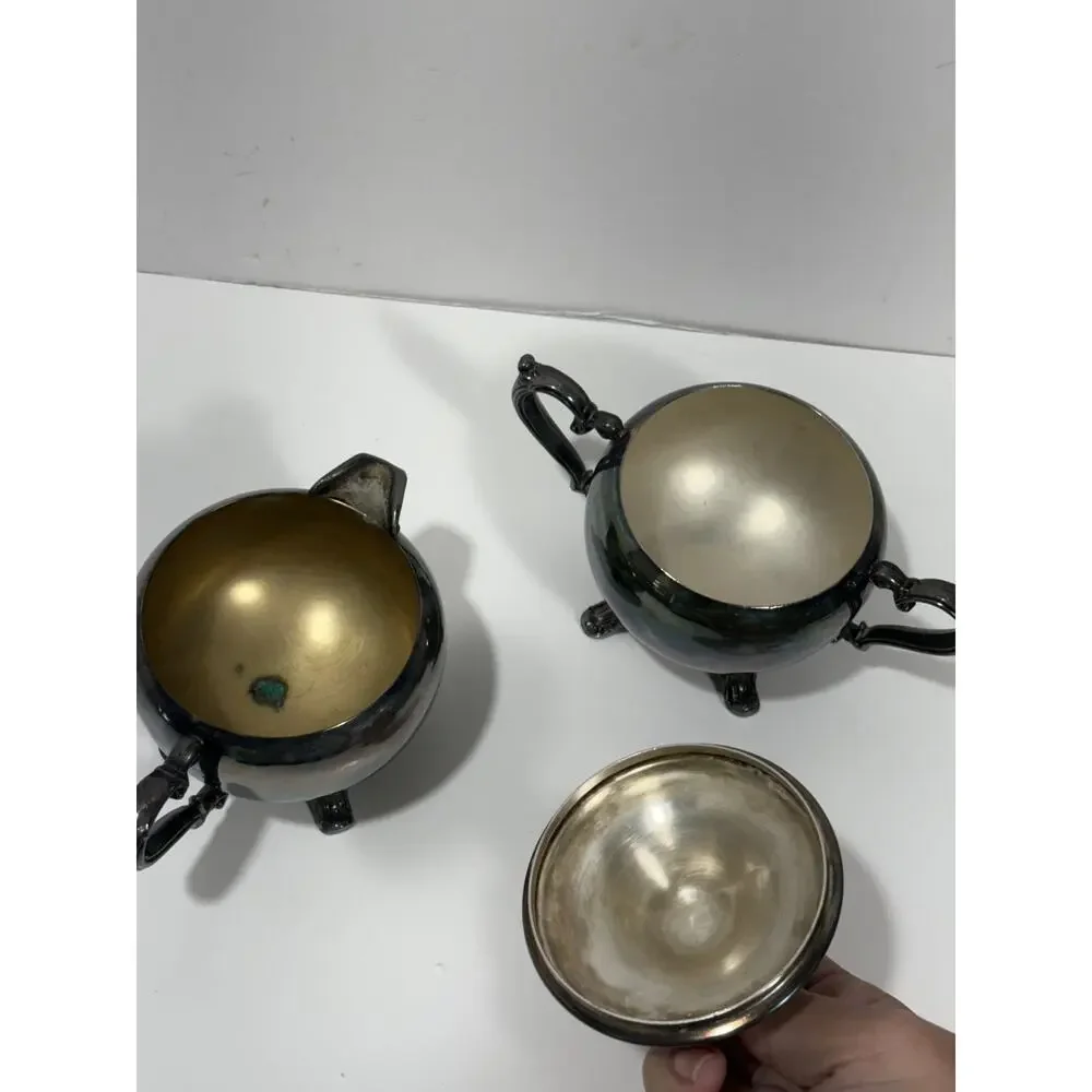 Vintage MCM Silver Plated Creamer and Lidded Sugar Set Inner Pearled Silverplate